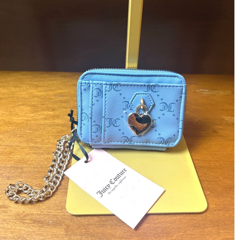 Juicy Couture Blue Monogram Zip Card Case Coin Purse Heart Charm Wristlet‎